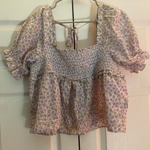 purple flower cropped blouse tied in the back with opening in the front only